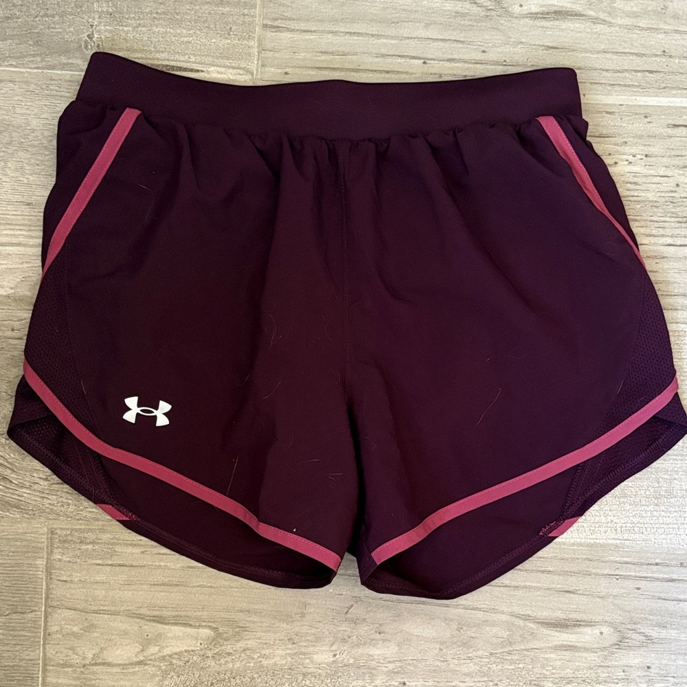 Under Armour Women's Maroon Athletic Shorts with Pink Trim